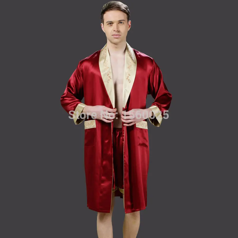 Мужской Шелковый халат шелк тутового шелкопряда пижамы осенние шорты халат наборы брендовые банные халаты с вышивкой L/XL/XXL