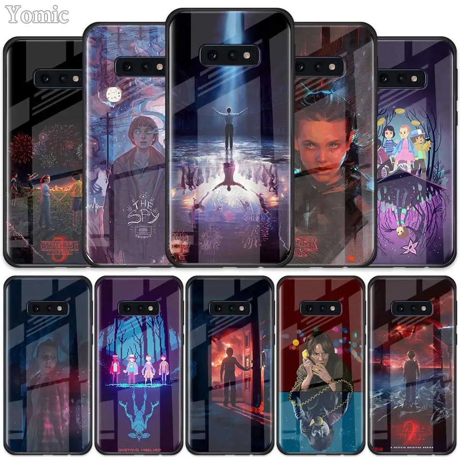 

stranger things Multi colored Tempered Glass Case for Samsung Galaxy S10 S10e S9 S8 S10 Plus Note 9 A50 A30 Phone Cover Shell