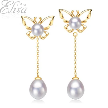 

925 Sterling Silver Natural Pearl Earrings Water Drop Genuine Pearl Dangle Butterfly Earrings Silver/Gold Color Women Jewelry