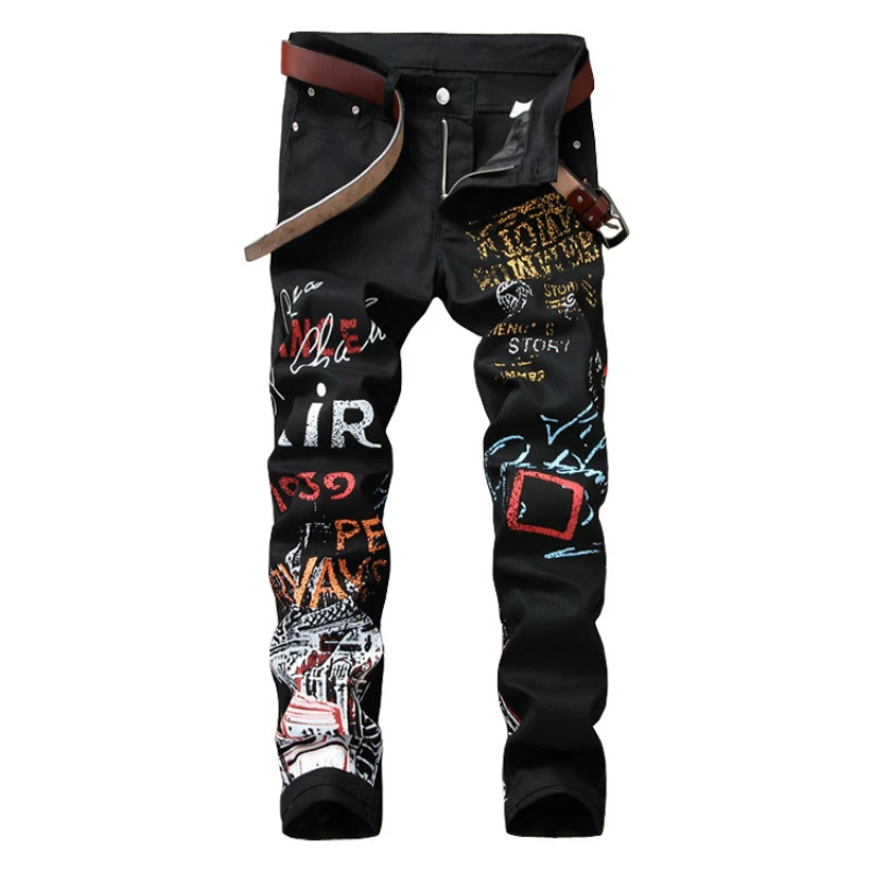 

mens fashions letter design painted denim jeans nightclub stage clothes slim fit skinny calca jean masculina young dress pants