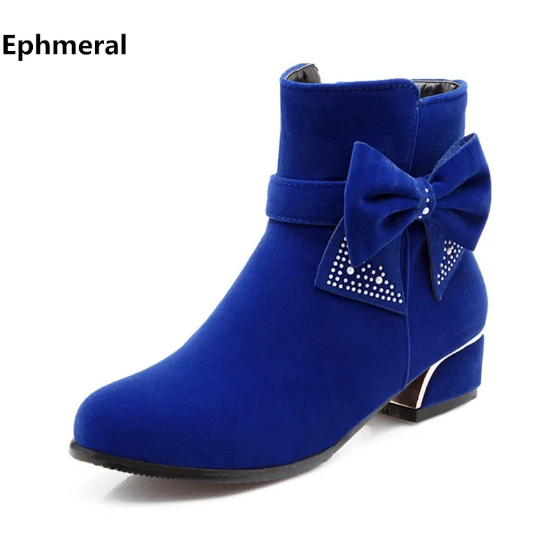 

Lady Zip Crytal Bow Cotton Thick Heel Booties Red Low Heels Booty Plus size 34-43 Flock Short Winter Fur Shoes Women Ankle Boots