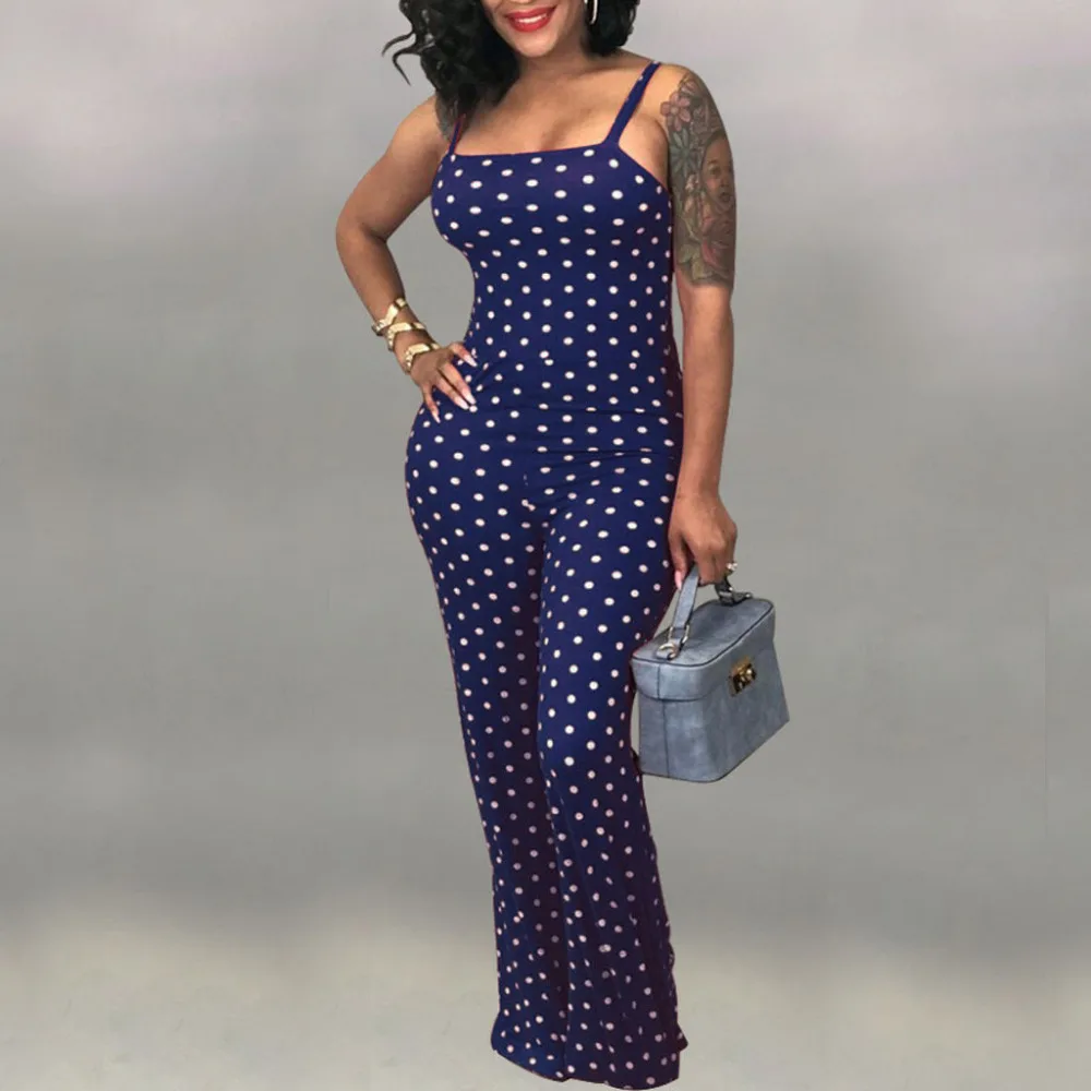 

Full Length Women Bodycon Jumpsuit Bohemian Polka Dot Printing Skinny Playsuits Off Shoulder Sleeveless Bodysuits femme 4EM