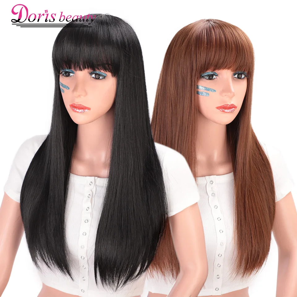 

Doris beauty Synthetic Black Long Wigs for Women with Bangs Straight Cosplay Brown Purple Heat Resistant Wig