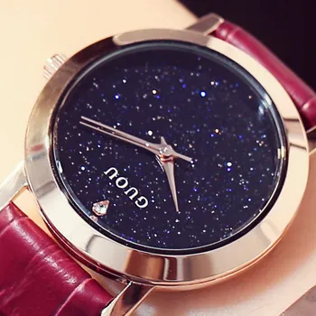 

Luxury Fashion Trendy Top Brand GUOU Woman Glitter Quartz Watch Wristwatches Female Lady Dress Leisure Genuine Leather Watch