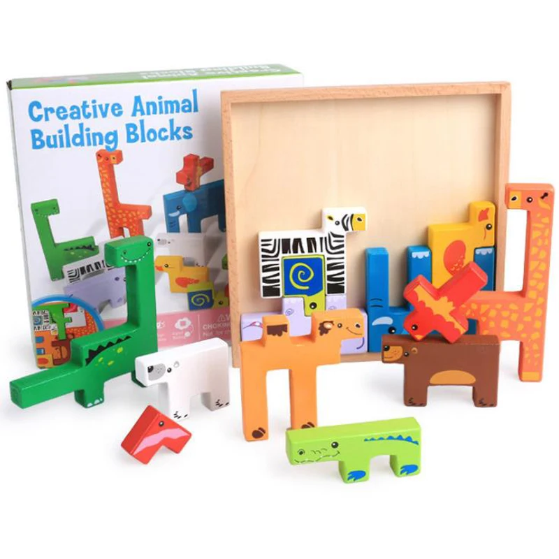 Классическая игра-головоломка тетрис дерево животные головоломка интеллектуальная 3D головоломка доска для мальчиков девочек Разноцветные безопасные деревянные материалы