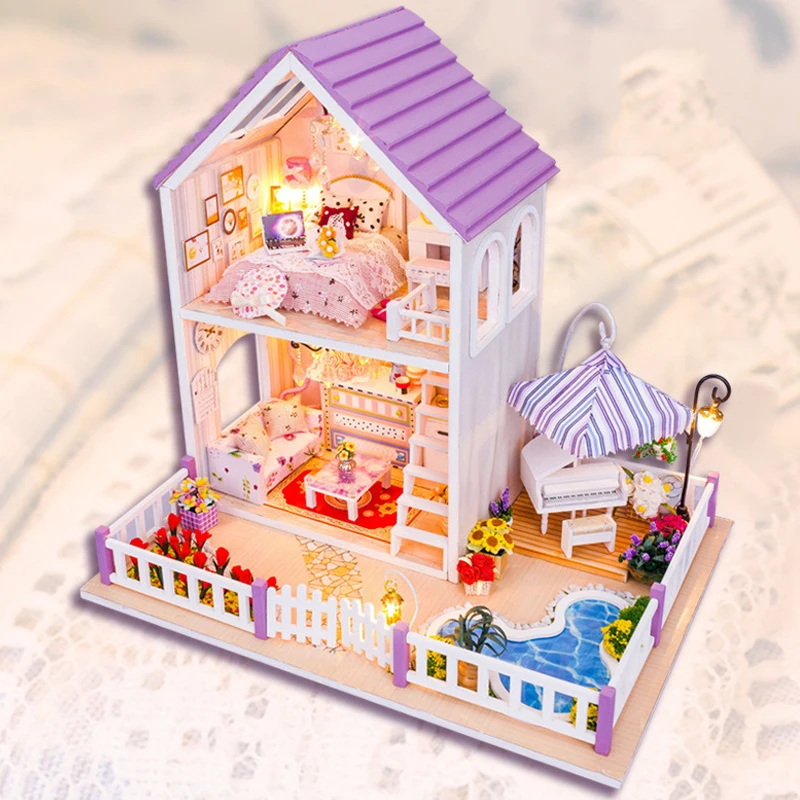 

DIY DollHouse Villa Model Miniature With Furnitures Wooden Doll House Puzzles Toys Christmas Gift Romantic Purple House 13834 #E