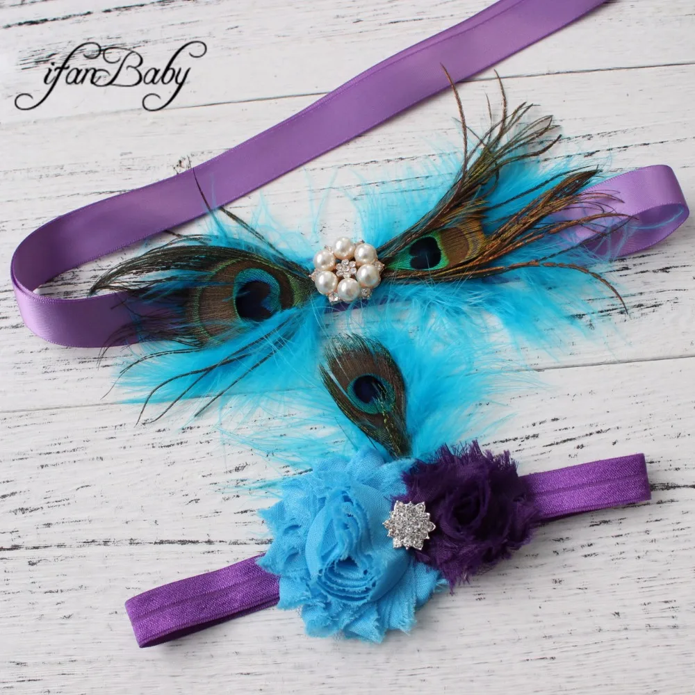 Fashion Blue flower Belt,Girl Woman Sash Belt Wedding Sashes belt with flower headband 1 SET
