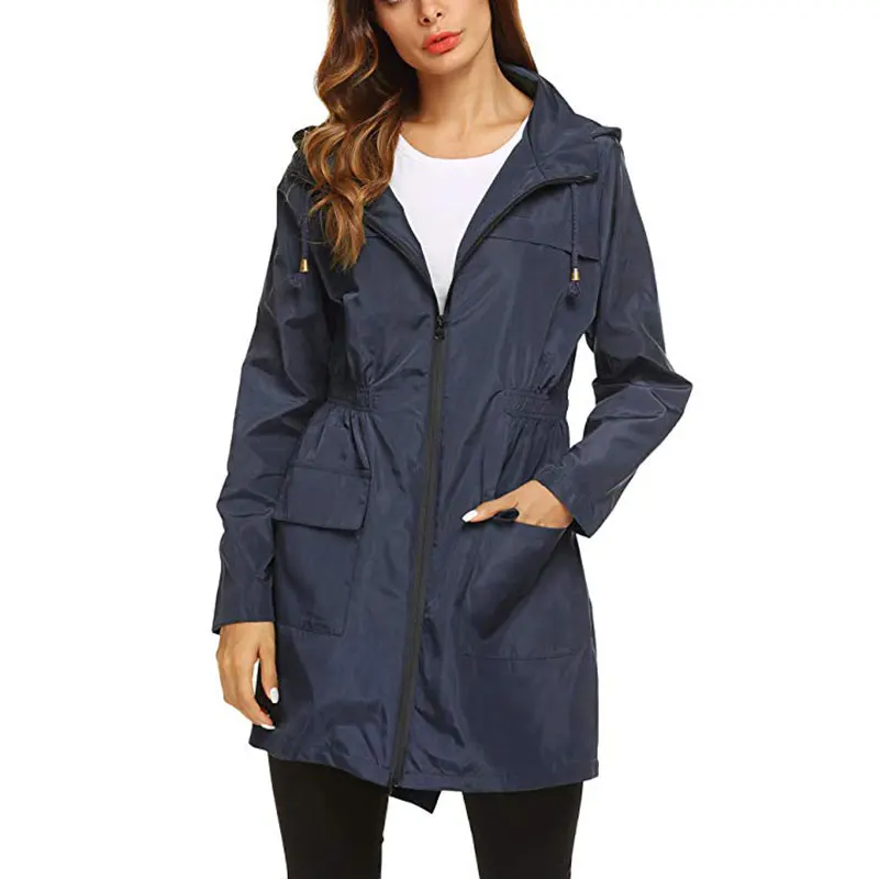 Женское пальто водонепроницаемый и легкий женский плащ для женщин с капюшоном на талии уличная ветровка куртка для альпинизма DB008 - Цвет: Navy