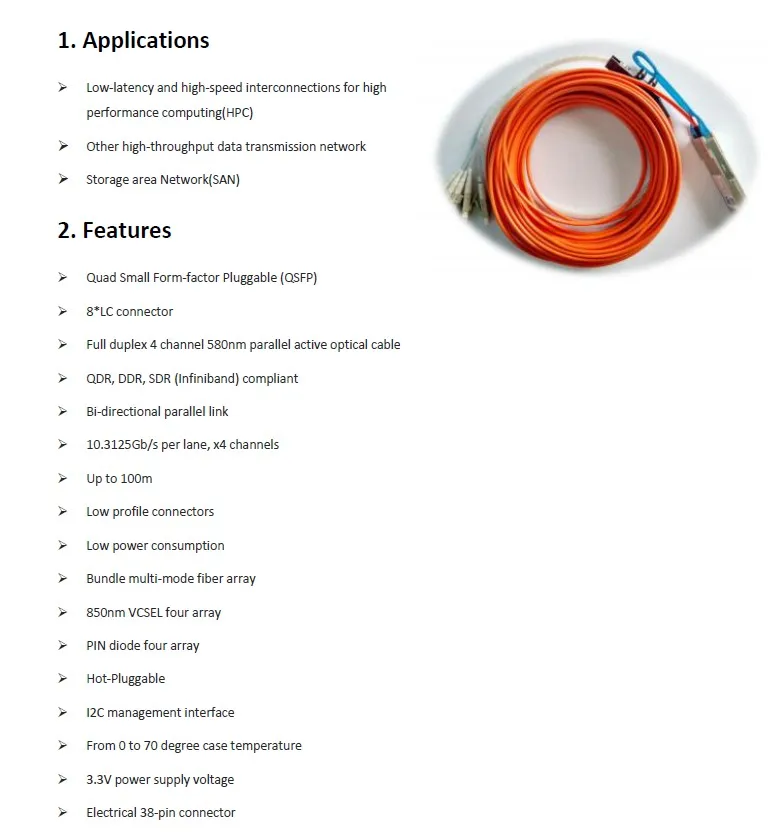 40G QSFP + 4 duplex LC секционные 2 м (6ft) OM2 кабель АОС активный оптический кабель, 40 Гбит/с QSFP + 8XLC волокна opotic разъем