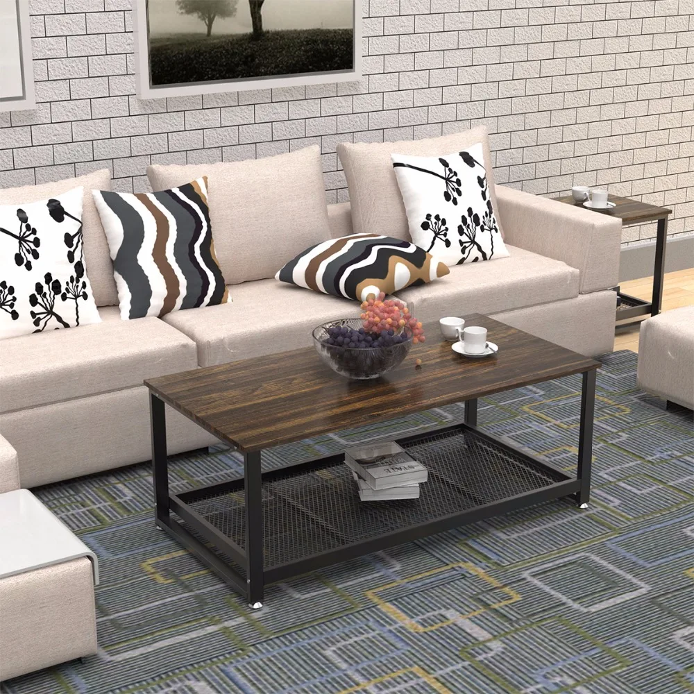 Dewel Coffee Table with Storage Shelf Industrial Modern Rustic 47 inch Coffee Table for Living Room