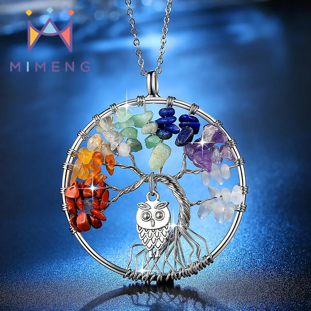

Rainbow Natural Stones Life of Tree with Small Owl Lovely Pendant Necklace Handmade Tree shaped Necklace for Girl Free shipping
