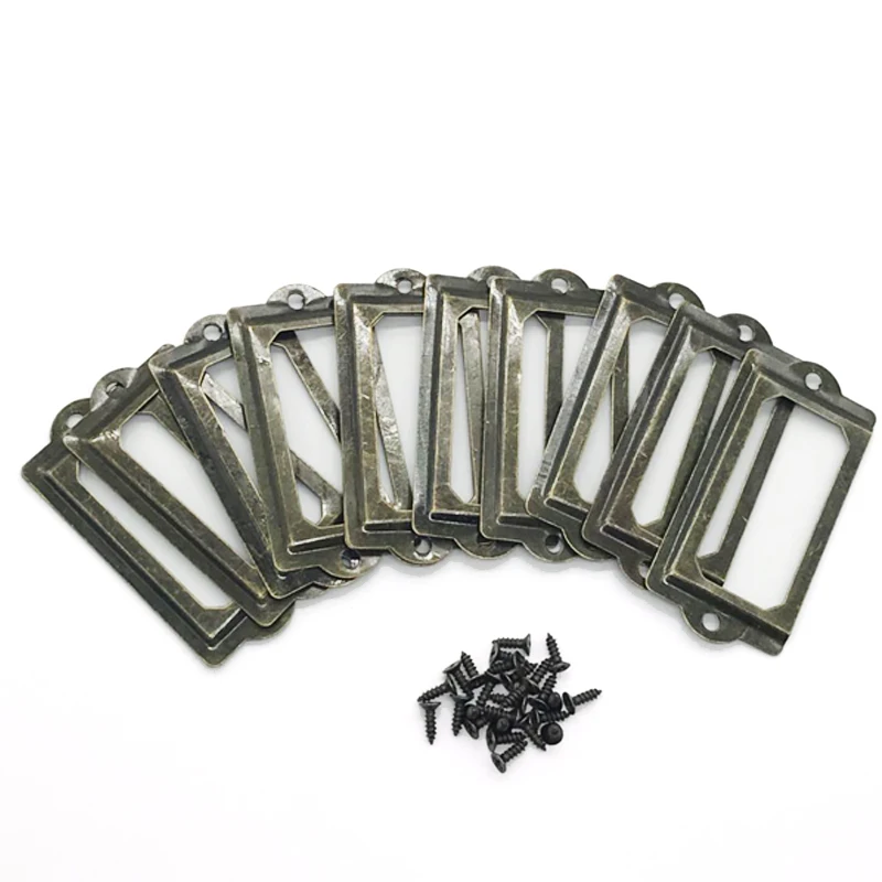 12Pcs/Set Antique Brass Metal Label Pull Frame Handle File Name Card Holder For Furniture Cabinet Drawer Box Case Bin