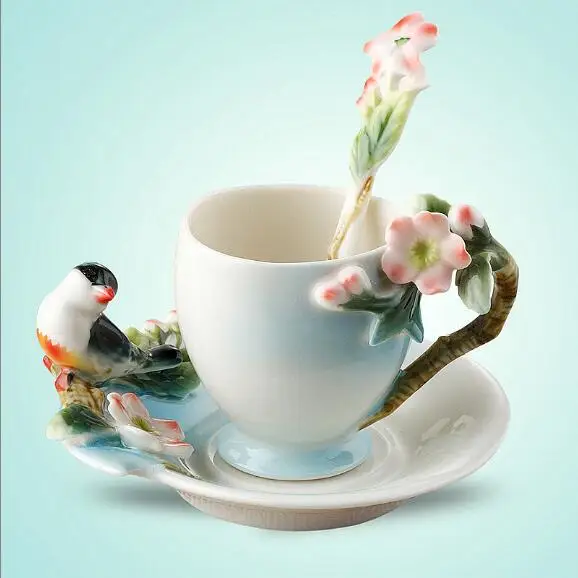 Горячая Распродажа, керамическая чашка Magpies, цвет сливы, эмалированная цветная кофейная чашка с блюдцем и ложкой, европейские креативные чайные чашки