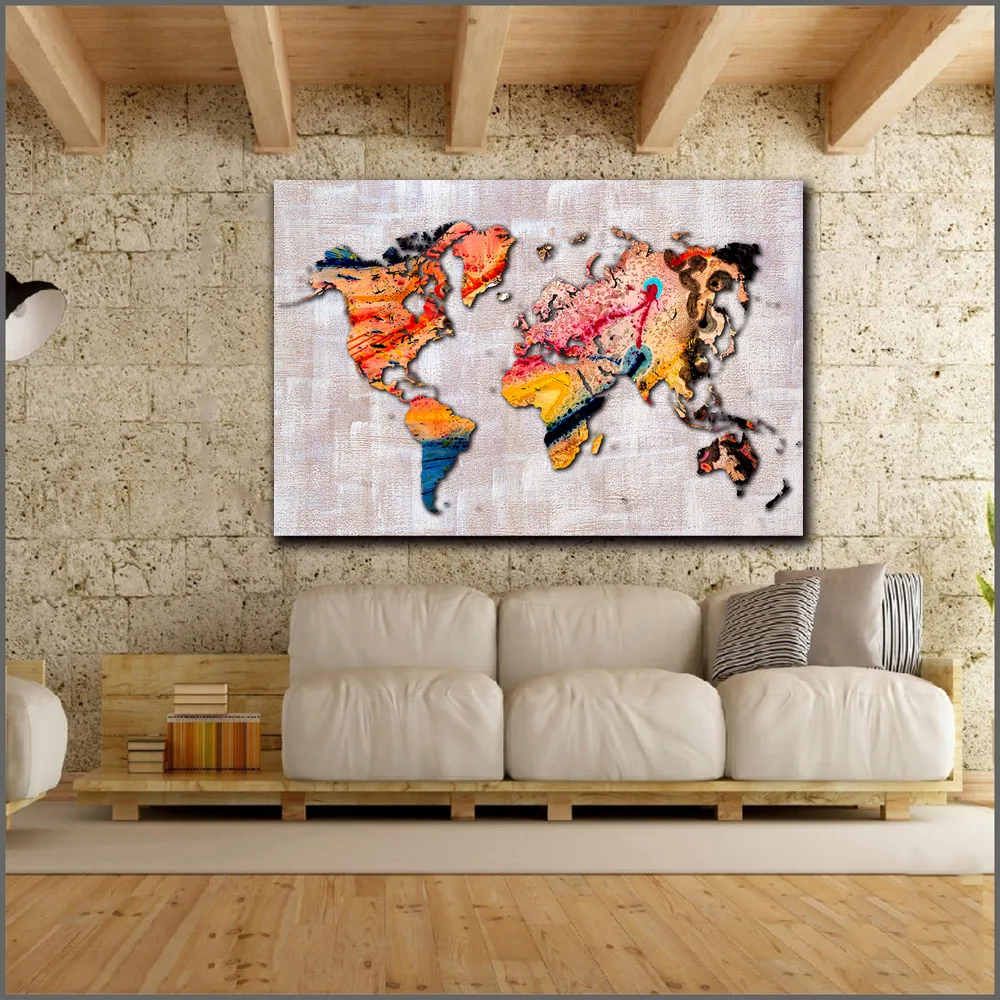 Мода Большой размер Печать абстрактный цвет карта мира стены искусства картина домашний Декор Гостиная Современная печать на холсте без рамки WLONG