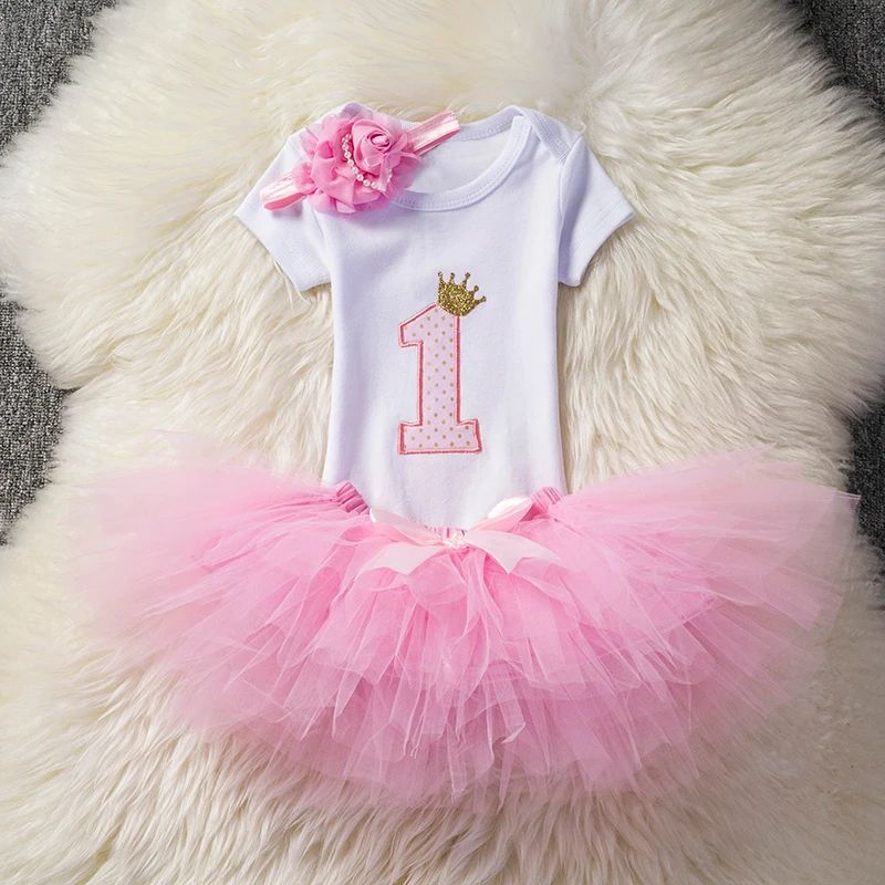 Комплекты одежды для новорожденных девочек, комбинезон на день рождения с бантом для маленькой принцессы+ юбка+ повязка на голову, комплект одежды для девочек 1 года