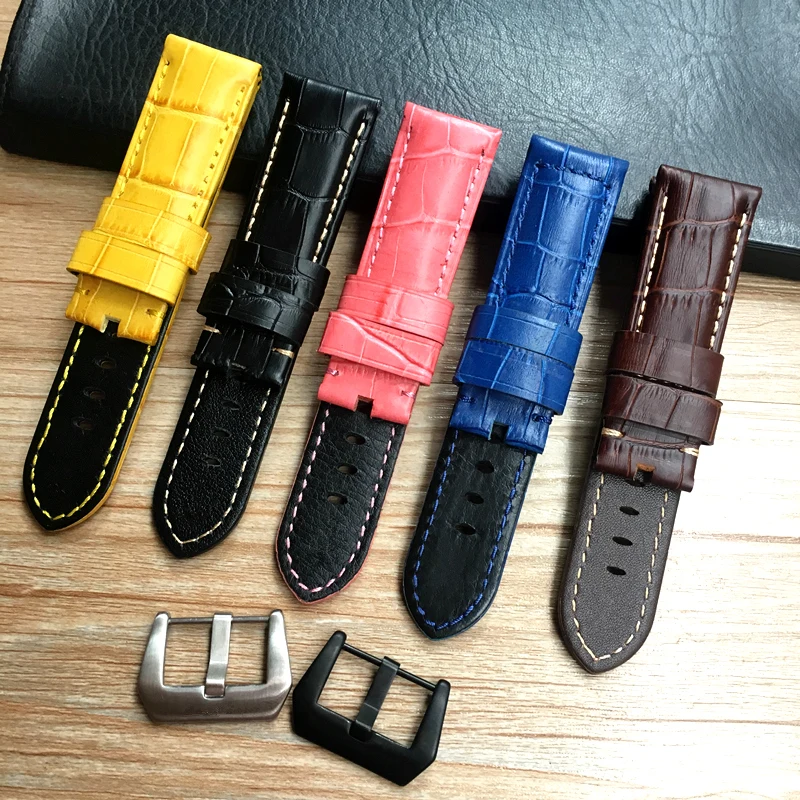 

24 26mm Black Brown Blue Pink Yellow Crocodile Pattern Genuine leather Watchband For Panerai Strap PAM Bracelet With engraving