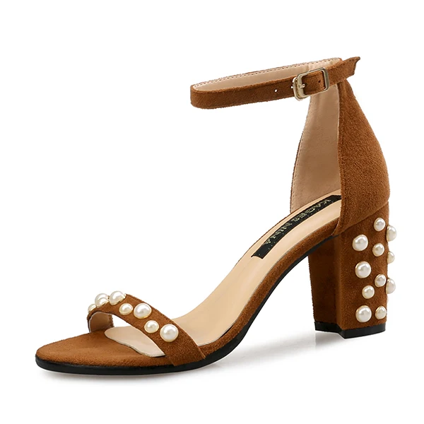 Женские босоножки с жемчугом; брендовые летние туфли на высоком каблуке; черные пикантные свадебные туфли с открытым носком и ремешком на щиколотке; женские туфли на тонком каблуке размера плюс - Цвет: Brown Sandals