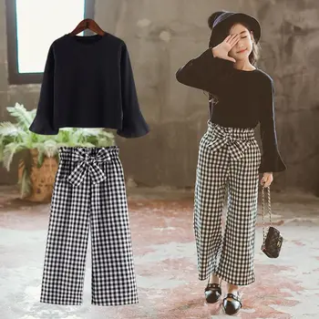 

2019 Autumn Girls Clothing Sets Children Kids Solid T-shirt + Plaid Wide-legged Pants 2Pcs Suits Teenage Girls Fashion Sets Q118