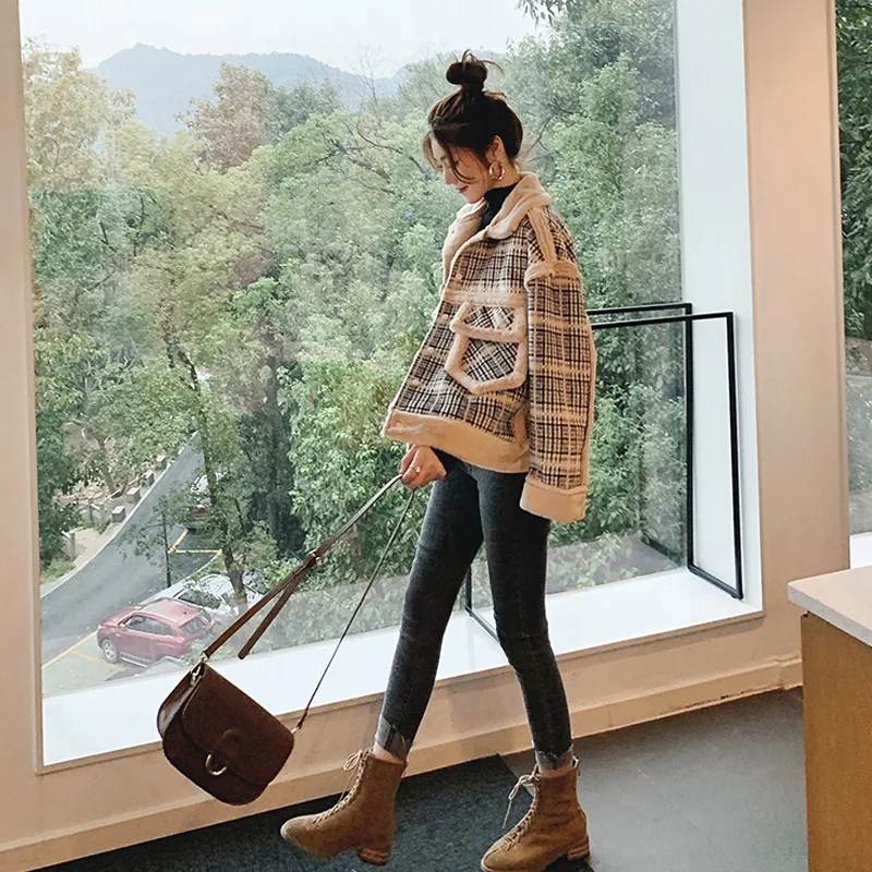Goede Vrouwen jas mode retro plaid lange mouwen temperament herfst en winter bont een jas losse plus fluwelen elegante jas