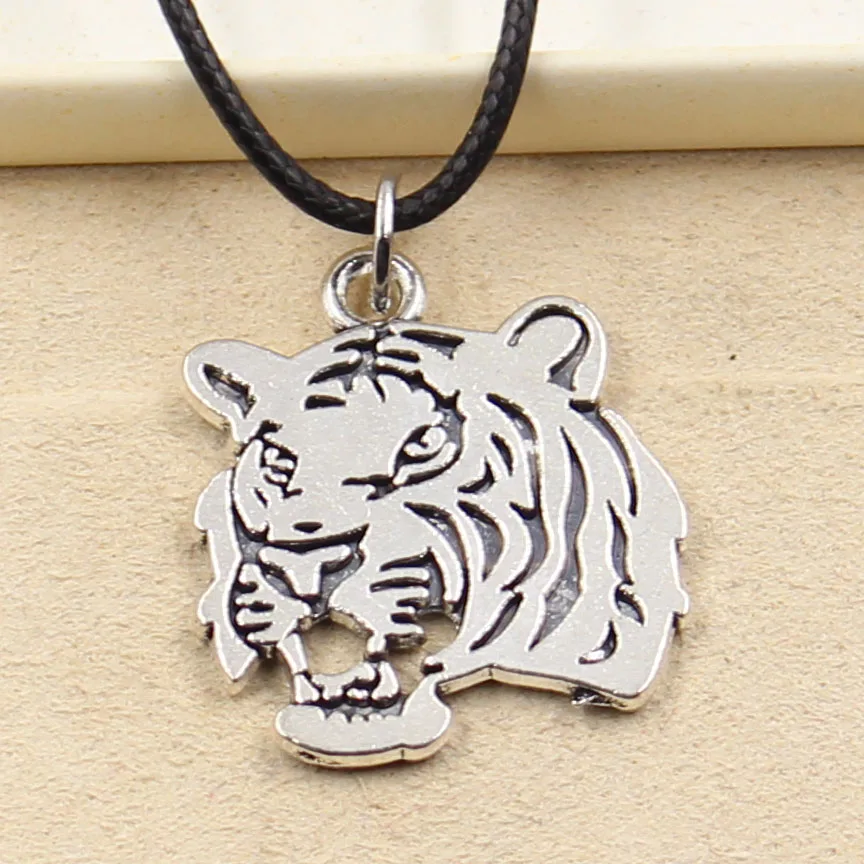 

New Fashion Tibetan Silver Pendant tiger head Necklace Choker Charm Black Leather Cord Factory Price Handmade jewelry