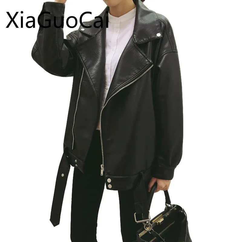 Best Zipper Wide-waisted Leather Women Coats Zipper Brand Turn-down Collar Female Jackets Spring and Aut