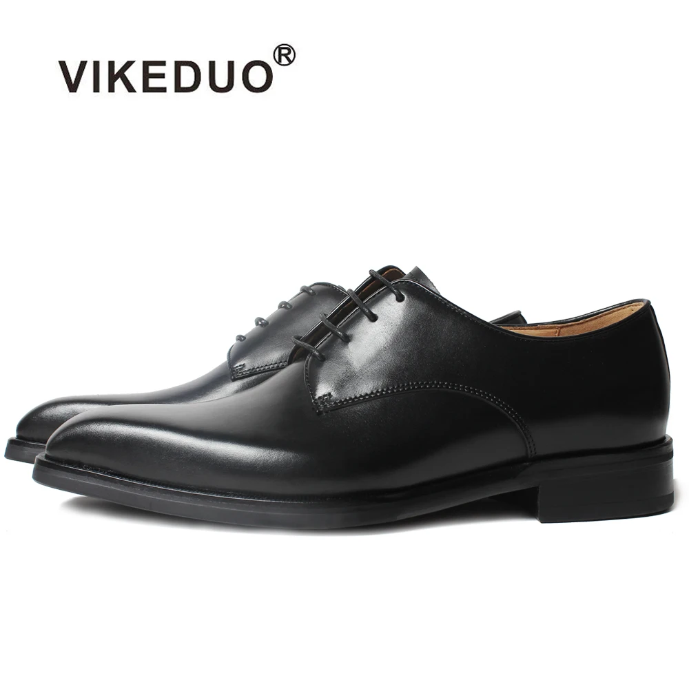 

VIKEDUO New Full Grain Leather Derby Zapato de Hombre Plain Black Square Toe Men Shoes Calf Skin Wedding Office Mans Footwear