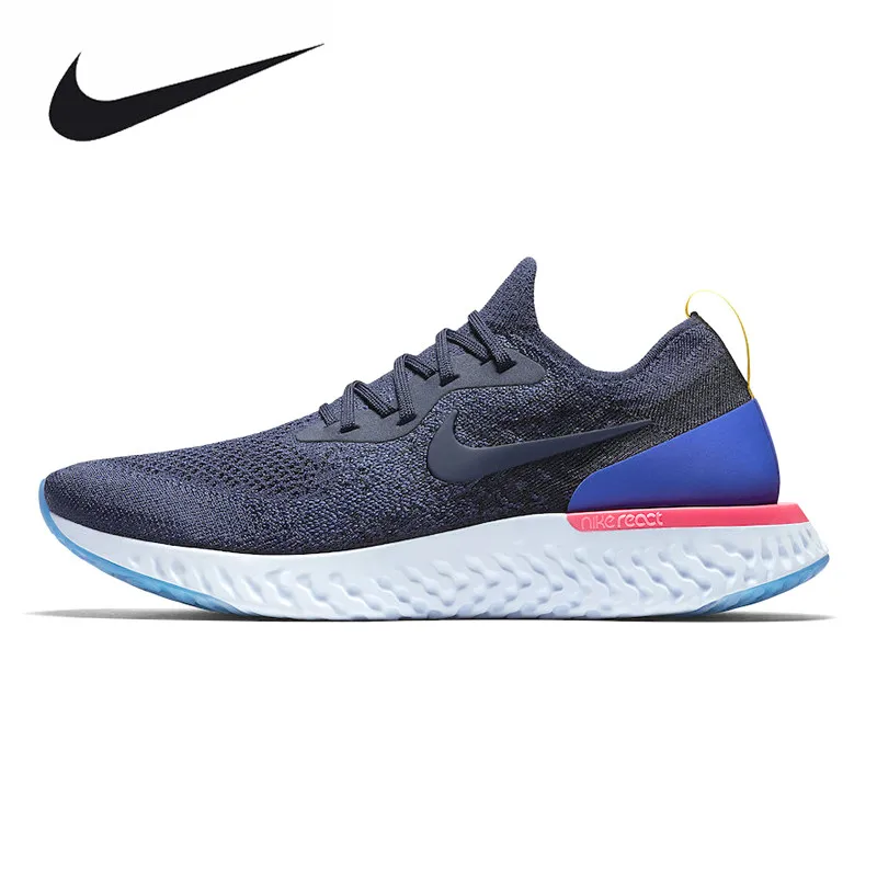 Nike Epic реагировать Flyknit Для мужчин кроссовки Белый/темно-синий нескользящая