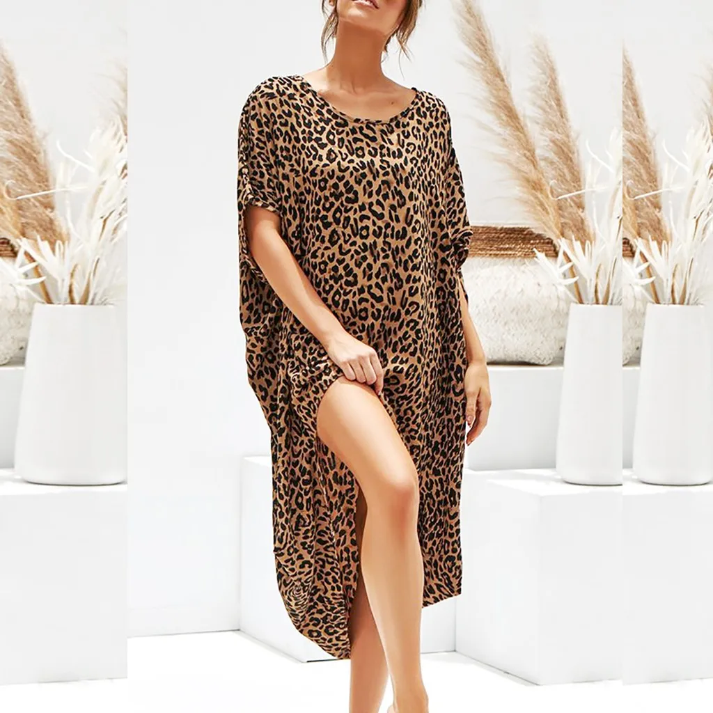 

Jaycosin Summer Open Leopard Short Dress Short Sleeve Loose Casual Dress Women Party Beach Dress Vestido de festa