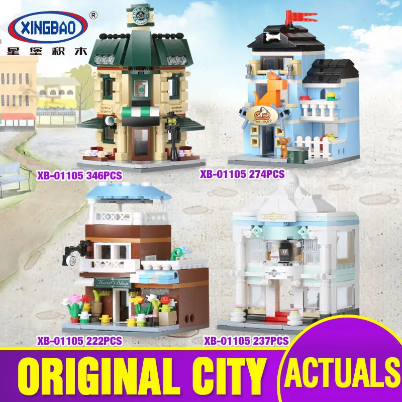 

XingBao 01105 Genuine 1079 Pcs The Coffee Shop Wedding Store Flower Shop Pet Shop Set 4 in 1 Building Blocks Bricks Toys Model