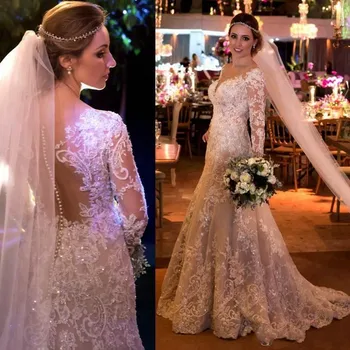 

Saudi Arabic Wedding Gowns With Full Sleeves Amazing Appliques Abendkleider 2018 Long Bridal Dresses Beaded Mermaid Sheer Back