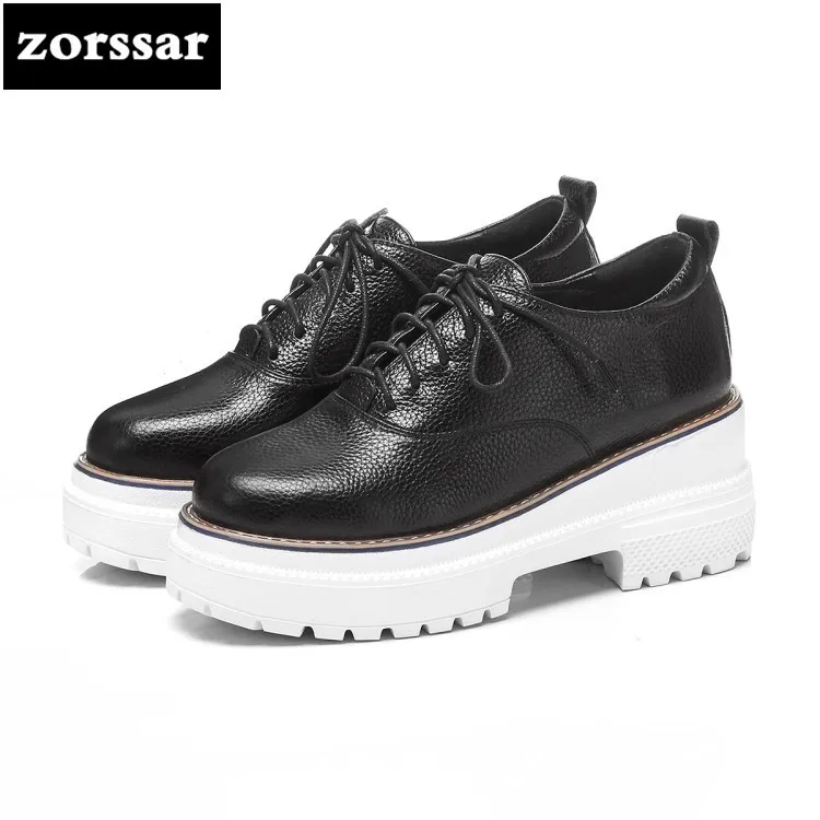 

{Zorssar} 2018 New Genuine Leather womens heels platform pumps Lace up Square heel High heels fashion women Creepers shoes