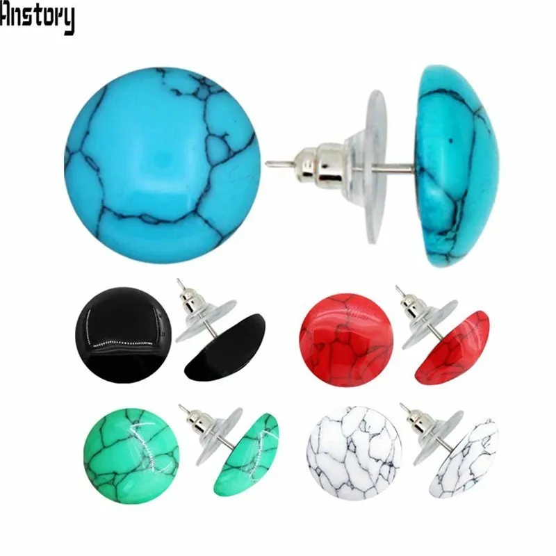 

5 Pair Synthetic Turquoises Stud Earrings Round Mixed Color Stainless Steel Stud Earring For Women Wholesale Lot Fashion Jewelry