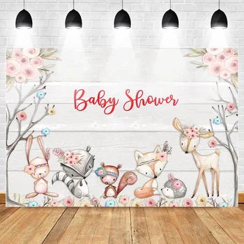 

Animal Themed Baby Shower Photo Background Wooden Floor Newborn Birthday Party Photography Backdrops Pink Flower Rabbit Fox Beer