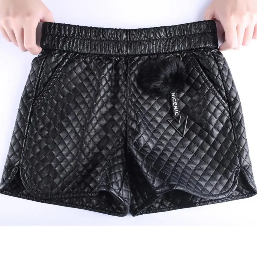 

plus size 4xl Elastic waist leather shorts women High Waist Casual plaid Short