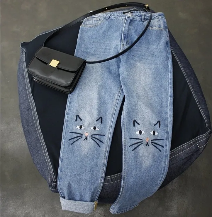 

Women Oversized Cute Cat Embroidery Jeans Casual Long Denim Jeans High Waist Loose Pants Boyfriend Jeans Pantalon