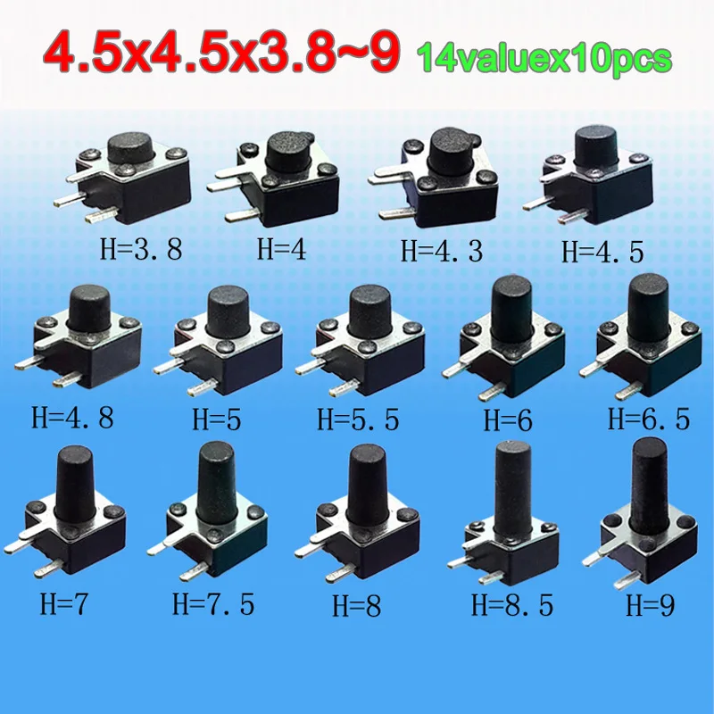 14valuesx10pcs=140pcs Tact Switch Kit 4.5*4.5*3.89mm Side 3 Pins