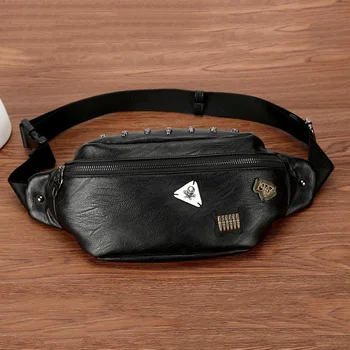 

Casual Waist Bags For Men Personality Moto & Bike Punk Chest Bag Male Waterpoor PU Leather Waist Pack Trend Hip-hop Shoulder Bag