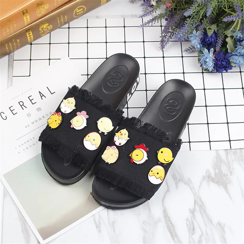 

Fashion Women Slippers Denim Cotton Fabric Shoes Cartoon Ladies Slippers Comfortable Flat With Summer Slipper Cute Chick Shoes