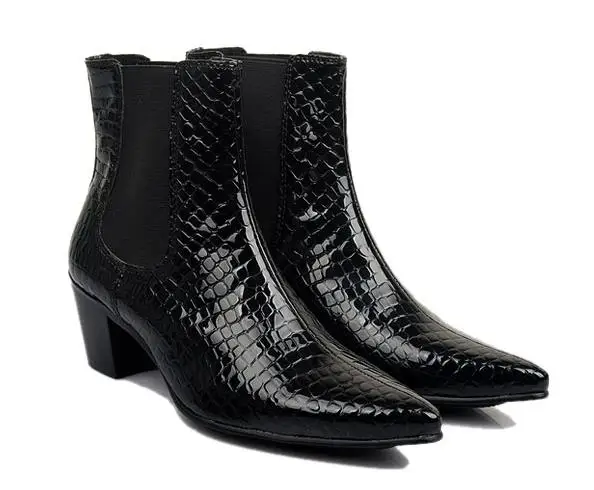 

Spring autumn men pointed toe leather boots square middle heels men slip on ankle boots hight increasing men shoes