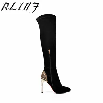 

RLINF Rhinestone Stretch Over The Knee High Heel Pointed Big Size Women's Boots