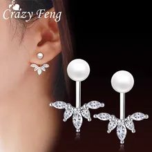 2017 Simulasi Mutiara Rumbai Anting-Anting Stud untuk Wanita Warna Perak Kuda Mata Daun Kubik Crystal Statement Anting-Anting Brinco Bijoux(China)