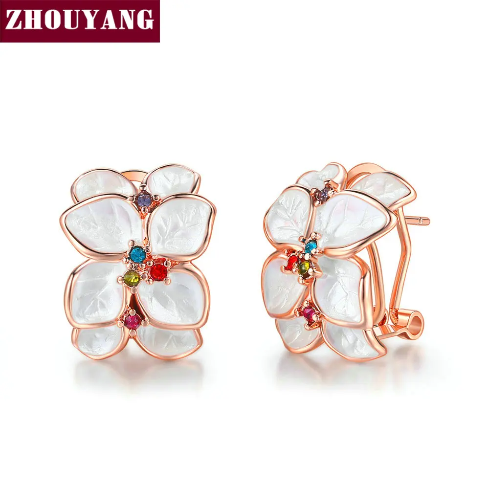 

ZHOUYANG Stud Earrings For Women White Oil Flower Leaf Multicolor Cubic Zirconia Rose Gold Color Fashion Jewelry E680 E681