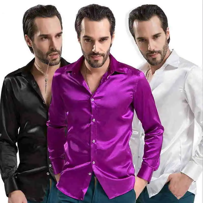 

New 2019 Leisure Brand Clothing High-grade Emulation Silk Long Sleeve Shirts Men's Casual Shirt Shiny Satin Camisa White Black