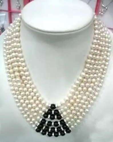 

Jewelr 004245 6 Rows 6-7mm White FW Pearl Black Agate Necklace