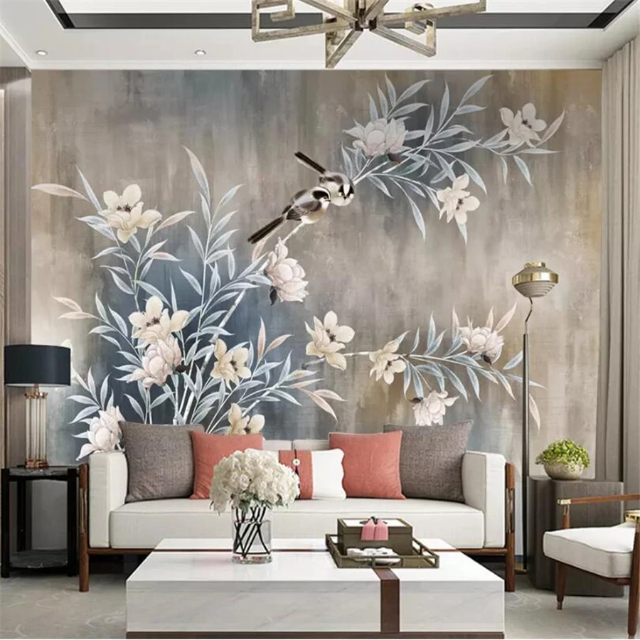 

beibehang Custom wallpaper 3d mural hand-painted high-end retro art flower and bird sofa background wall painting 3d wallpaper