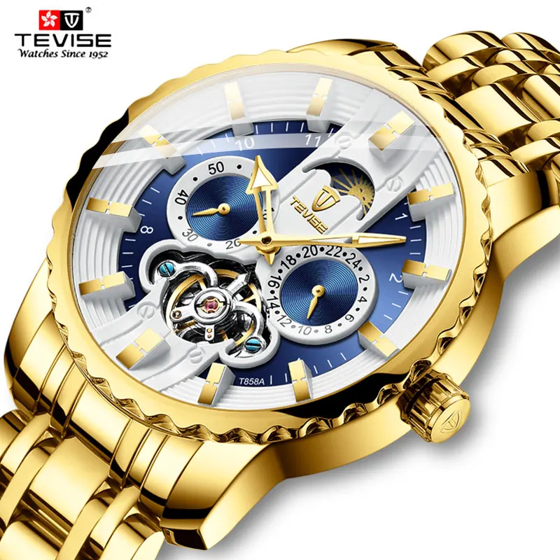 Tevise Мужские автоматические механические часы из нержавеющей стали tourbillon