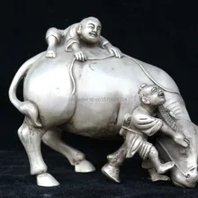 " Китайский Серебряный Резные Tongzi Малыш Играл С Бык Быки Анималистическая Скульптура