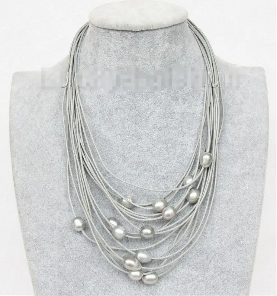 

Hot sale new Style >>>>>17"-24" 13mm 15row gray pearls gray leather necklace j9625