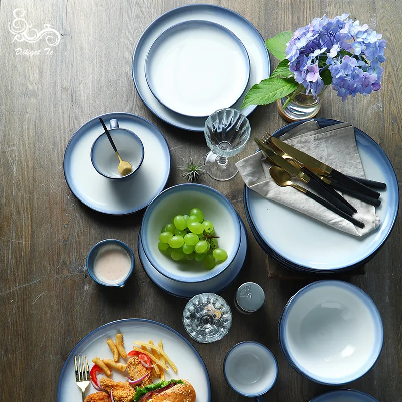 

Diliget.Te Gradient Blue Ceramics Rice Salad Bowl Porcelain Spoon Steak Dish Coffee Mug Kitchen Cups Plates For Food Tableware