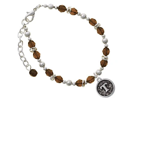 Silvertone Antiqued Round Seal - Initial - T - Brown Beaded Bracelet